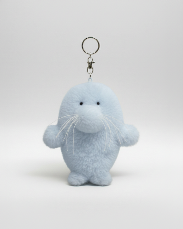쿠모 브랜드의 하늘색 물범 키링이에요.