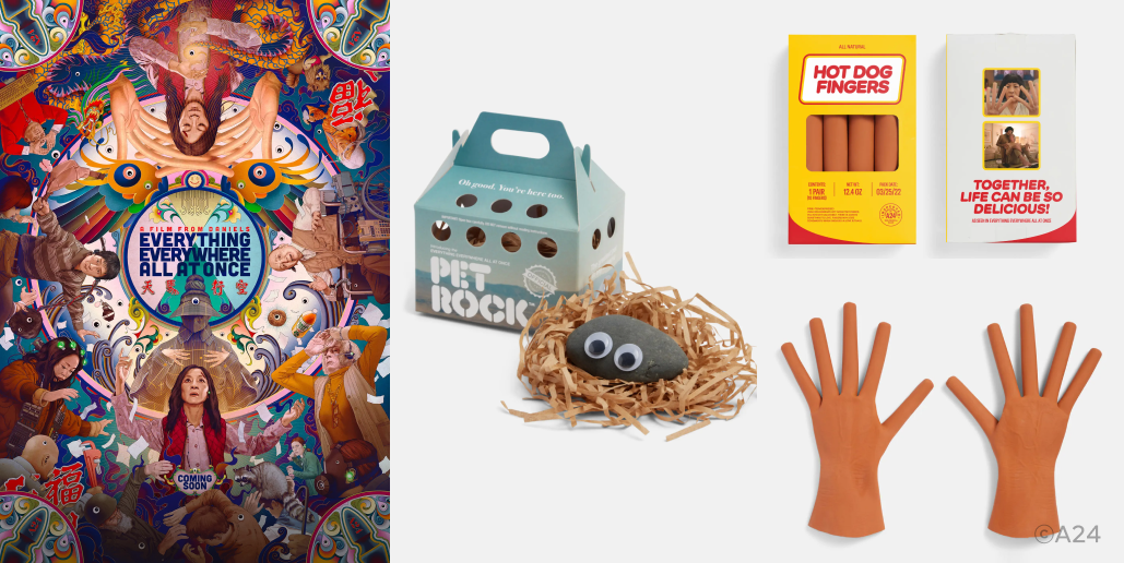 왼쪽부터 영화 '에브리씽 에브리웨어 올 앳 원스'의 포스터, 반려 돌 굿즈, 핫도그 손가락 장갑 굿즈가 콜라주된 이미지예요.