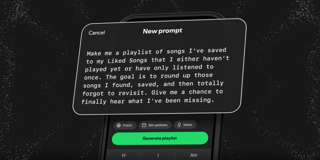 검은 배경에 떠 있는 핸드폰 이미지. 스포티파이 어플에서 프롬프트를 작성하는 모습을 보여줌. 'New prompt, Make me a playlist of songs I've saved to my Liked Songs that I either haven't played yet or have only listened to once. The goal is to round up those songs I found, saved, and then totally forgot to revisit. Give me a chance to finally hear what I've been missing.'