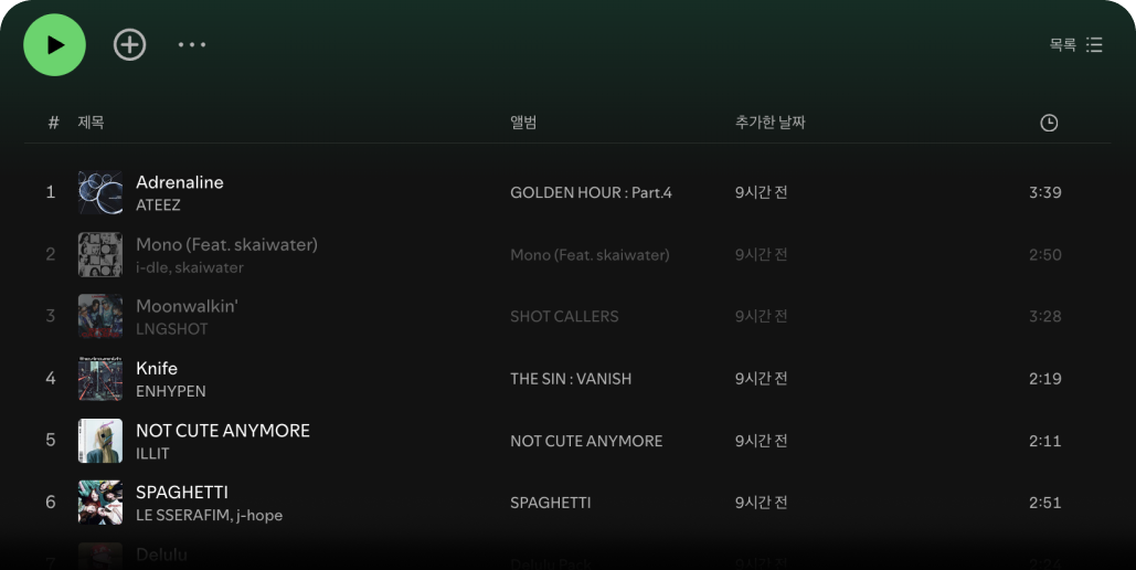 음악 플레이리스트 목록 이미지. ATEEZ의 Adrenaline이 리스트 맨 위에 올라와 있음.