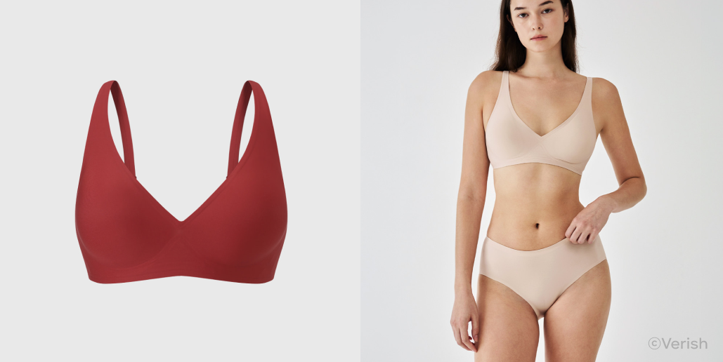 쿨핏 브라 시그니처 제품 사진이에요. 이미지의 왼쪽에는 붉은색 브래지어 제품 이미지가, 오른쪽에는 연주황색 브래지어와 팬티 세트를 입고있는 모델의 모습이 담겨 있어요.