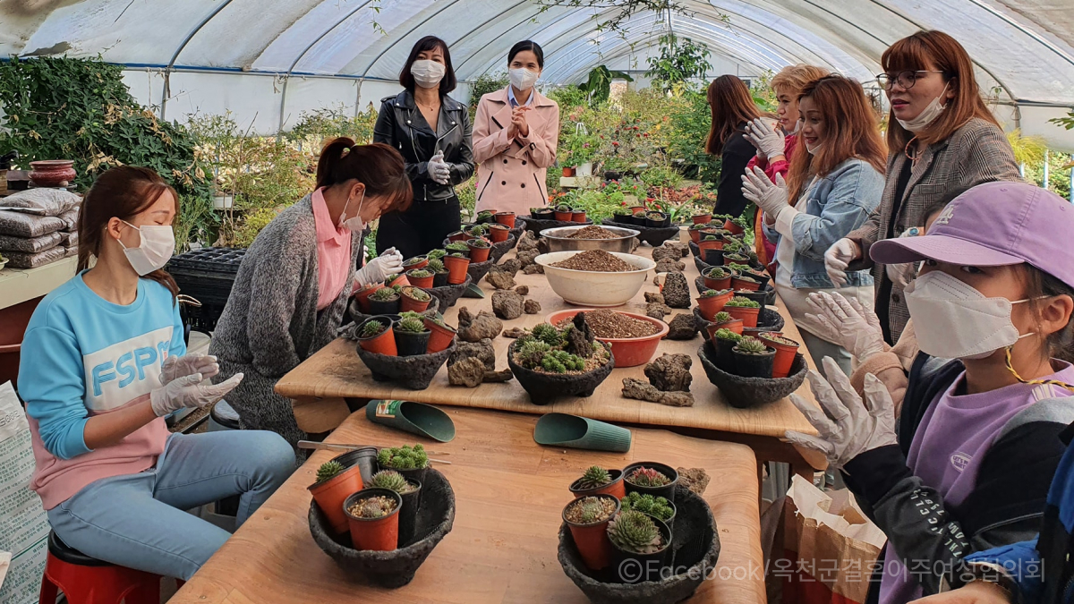 비닐하우스 안에 이주여성들이 모여 앉아있는 모습이에요. 테이블에는 작은 화분과 흙이 있고, 여성들은 장갑을 낀 채 화분을 다루고 있어요.