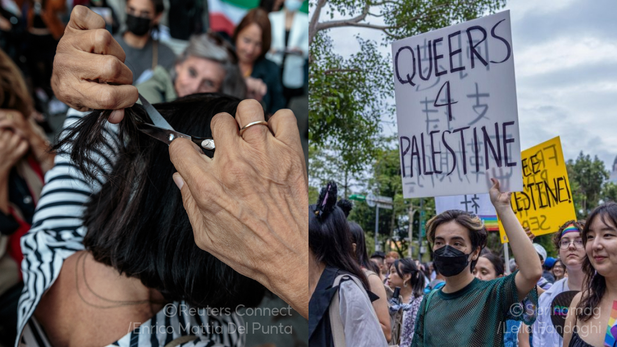 왼쪽에는 이탈리아에서 일어난 이란 연대 집회에서 여성이 머리카락을 자르는 뒷모습이, 오른쪽에는 'QUEERS 4 PALESTINE'이라고 적힌 피켓을 들고 있는 사람과 무지개 무늬 아이템을 착용하고 있는 사람들의 모습이 담긴 이미지예요.