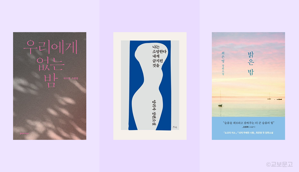 연보라색 바탕 위에 일렬로 책 3개 이미지가 배치된 이미지. 왼쪽부터 '우리에게 없는 밤', '나는 소망한다 내게 금지된 것을', '밝은 밤'이라고 적혀 있음/