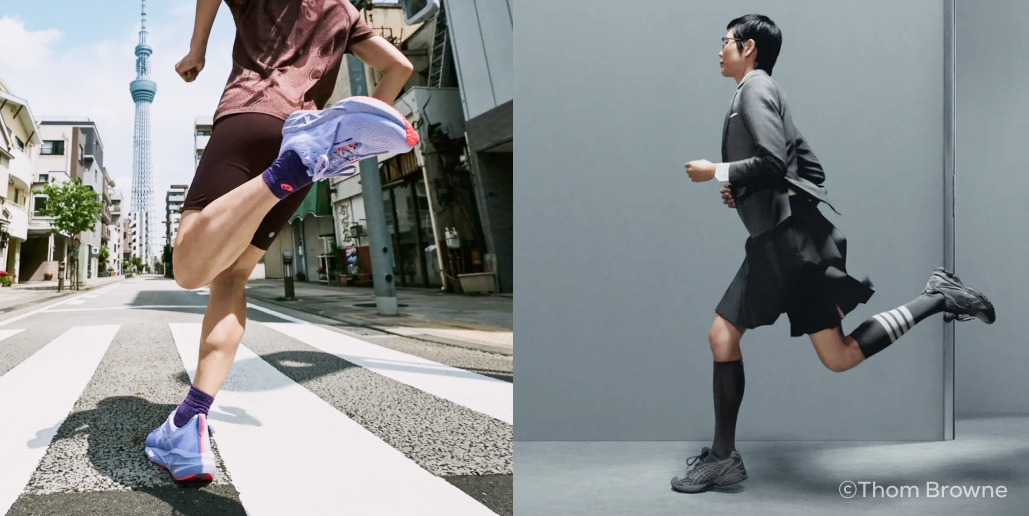2분할된 이미지. 왼쪽에는 아식스 신발을 신고 달리는 사람의 뒷모습. 오른쪽에는 톰브라운과 아식스가 콜라보한 회색 신발을 신고 달리는 포즈의 모델의 옆모습.