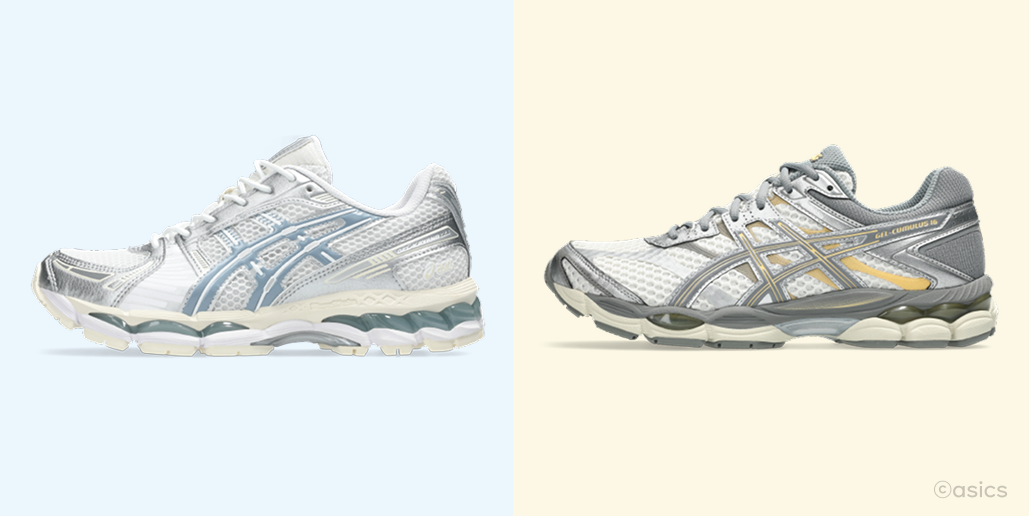 2분할된 이미지. 왼쪽에는 하늘색 바탕에 젤 카야노 12.1 모델의 옆모습 이미지. 오른쪽에는 노란색 바탕에 젤 큐뮬러스 16 모델의 옆모습 이미지.