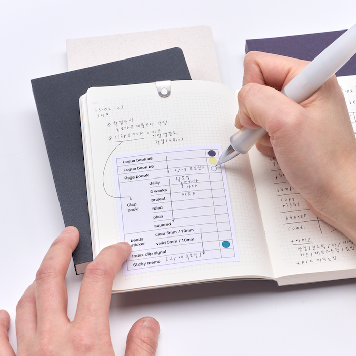 흰 바탕에 노트 4개가 놓인 모습. 노트 1개는 펼쳐져 있고, 손으로 글씨를 쓰고 있음.