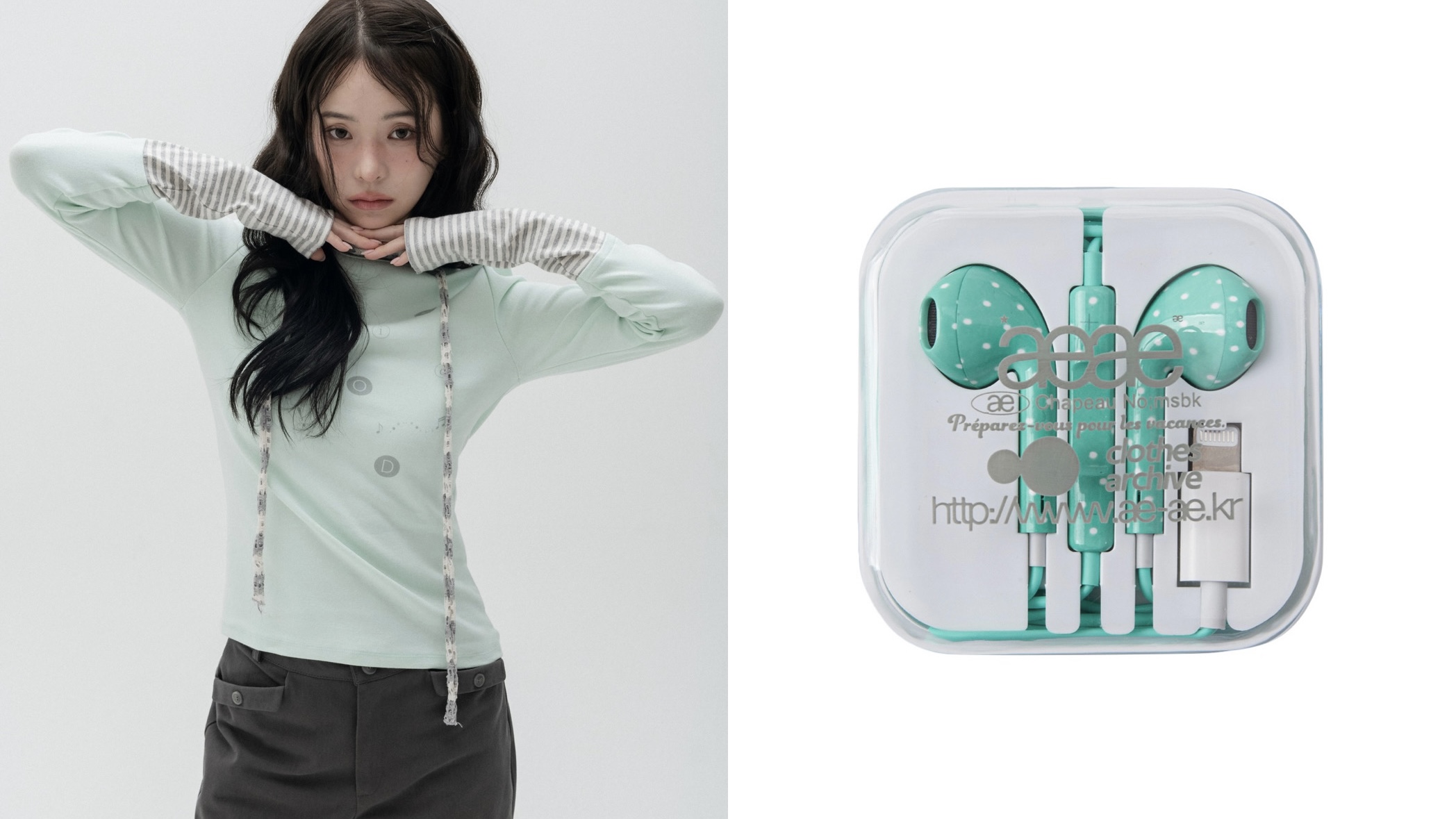 2분할된 이미지. 왼쪽에는 민트색 상의를 입고 있는 모델의 모습. 오른쪽에는 민트색 줄이어폰 제품의 모습.