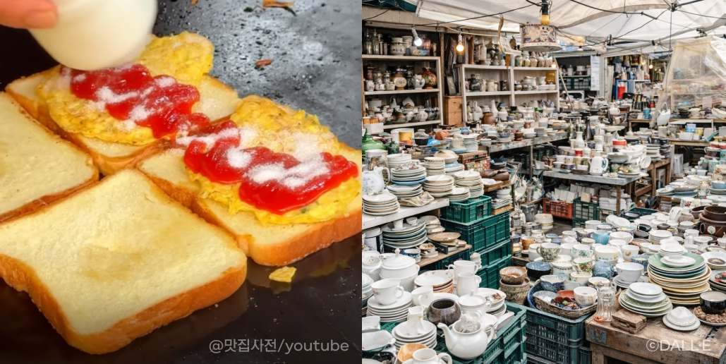 2분할된 이미지. 왼쪽은 철판 위에서 토스트를 만드는 모습. 오른쪽은 그릇들이 어지럽게 쌓여 있는 모습.