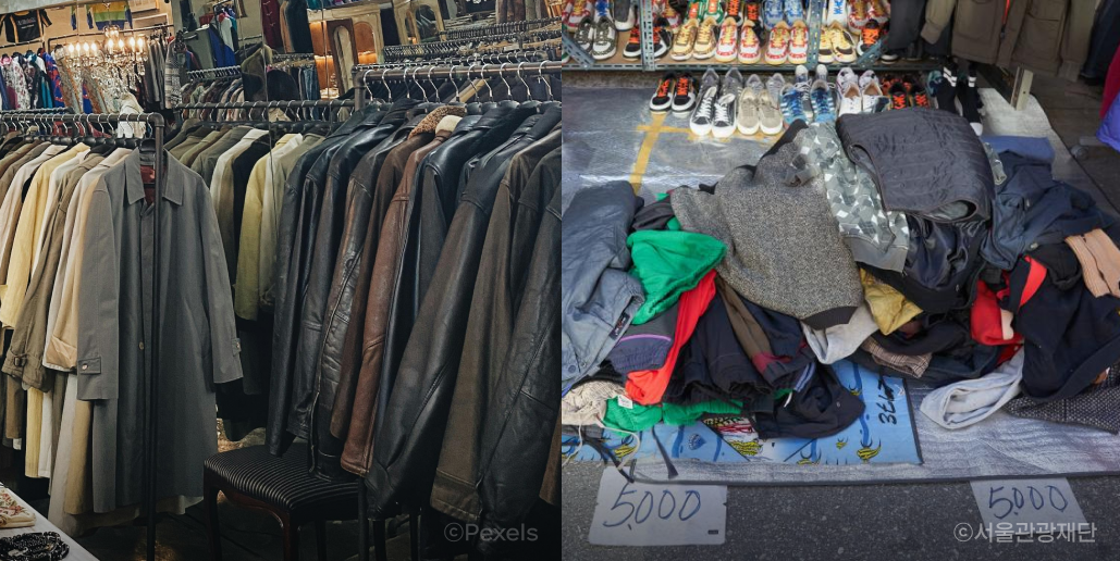 2분할된 이미지. 왼쪽은 가죽자켓이 행거에 걸린 모습. 오른쪽은 바닥에 옷가지가 쌓여 있는 모습.