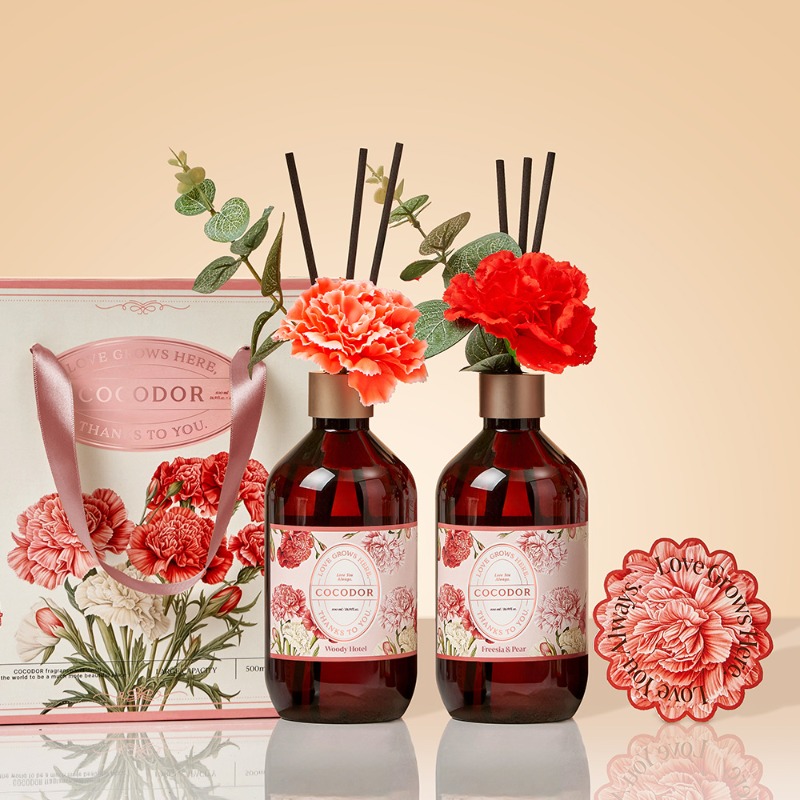 카네이션이 꽃힌 디퓨저 병 2개가 놓인 모습. 그 뒤에 있는 상자에 'COCODOR'라고 적혀 있음.